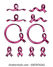 World Cancer Day. Hand drawn pink ribbon set. Isolated vector illustration. Engraving.