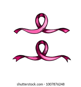 World Cancer Day. Hand drawn pink ribbon set. Isolated vector illustration. Engraving.
