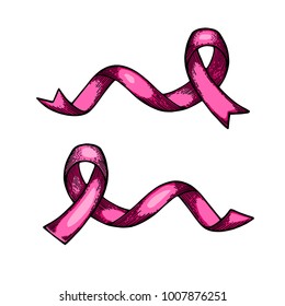 World Cancer Day. Hand drawn pink ribbon set. Isolated vector illustration. Engraving.