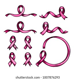 World Cancer Day. Hand drawn pink ribbon set. Isolated vector illustration. Engraving.