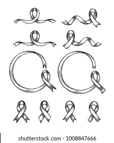 World Cancer Day. Hand drawn ribbon set. Isolated vector illustration. Engraving.