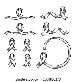 World Cancer Day. Hand drawn pink ribbon set. Isolated vector illustration. Engraving.