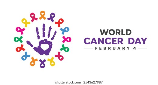 World Cancer Day. Hand, heart and ribbon. Great for cards, banners, posters, social media and more. White background. 