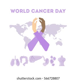 World cancer day. Hands holding and making World cancer day symbol on the world map background. Concept of global issues. Caucasian and african american hands.