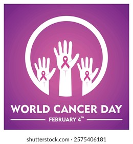 World Cancer Day with hands raised displaying cancer ribbons, symbolizing awareness, solidarity, and support for cancer survivors and fighters around the globe. Flat vector modern illustration 