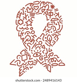 World Cancer Day. Healthcare and medical concept. Awareness ribbon made a group of various random lineart outline. Vector flat Illustration.