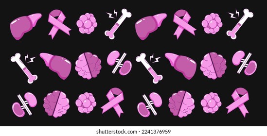 World Cancer Day. Heart, bone, kidney, brain and ribbon icon pattern