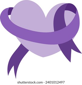 world cancer day, heart and purple ribbon symbol, stylized flat icon