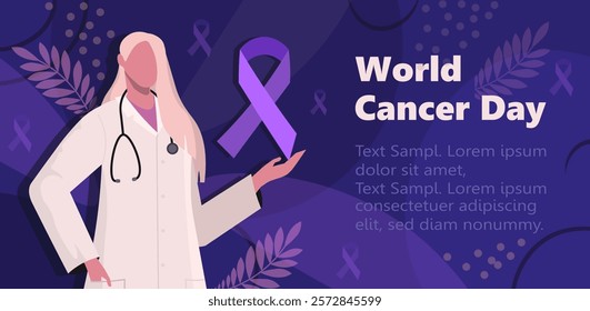 World Cancer Day, held annually on 4 February. Female doctor in white medical uniform presenting a purple ribbon. Concept of awareness. Vector illustration. Not AI generated