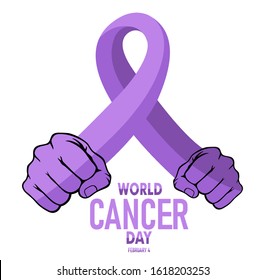 World Cancer Day. Holding hands with lavender purple ribbon isolated on white background. Cancer Awareness icon design for poster, banner, t-shirt.  4th February world Cancer Day vector illustration.