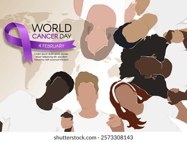 World Cancer Day. Horizontal banner with ribbon, space for text, and different people holding hands. Vector flat illustration.