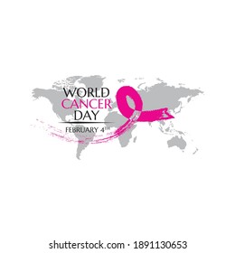 world cancer day icon and logo with grunge ribbon and grey map