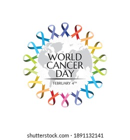 World Cancer Day Icon And Logo Vector With Colorful Ribbon And Grey Map