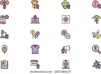 World cancer day icons collection is a vector illustration with editable stroke.