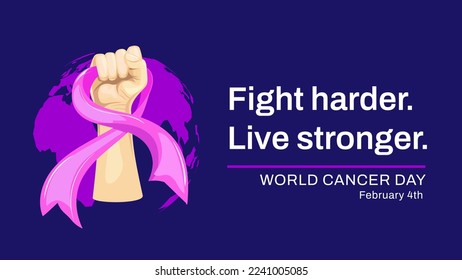 World Cancer Day illustration banner with motivational quote. Hand holding Pink ribbon on dark background svg