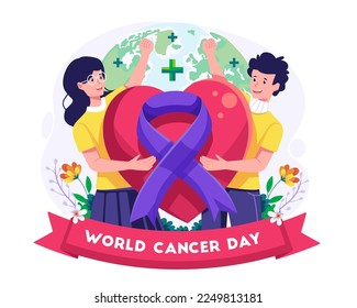 Concepto de ilustración del Día Mundial del Cáncer con Un hombre y una mujer sosteniendo un gran símbolo cardíaco con una cinta morada. Ilustración vectorial en estilo plano