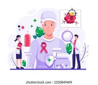 World cancer day illustration concept with Doctors diagnosing and treating a cancer patient. Vector illustration in flat style