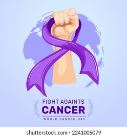 World Cancer Day illustration with hand holding ribbon. Fight cancer motivation