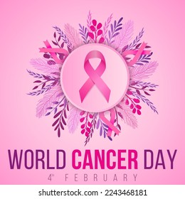 World cancer day illustration with cancer day pink ribbon and floral