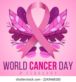 World cancer day illustration with cancer day pink ribbon and floral