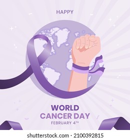 Ilustración del Día Mundial del Cáncer con puño de cinta morada y mapas sobre el fondo de la explosión solar. Diseño del 4 de febrero, Día Mundial del Cáncer