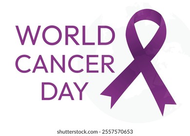 World cancer day illustration with a purple ribbon on a white background.