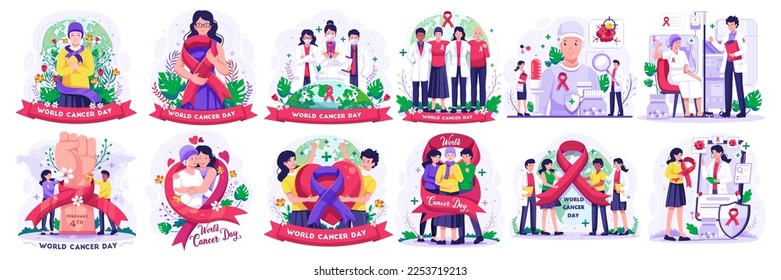 World Cancer Day Illustration Set with People, Doctors, nurses, and Cancer Patient celebrate world cancer day. Vector Illustration in Flat Style