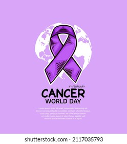 World Cancer Day Illustration Vector Design with purple ribbon and world map for Campaign