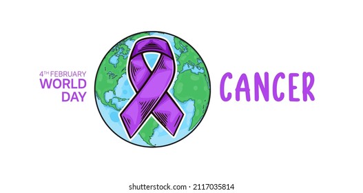 World Cancer Day Illustration Vector Design with purple ribbon and world map for Campaign