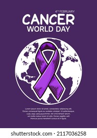 World Cancer Day Illustration Vector Design with purple ribbon and world map for Campaign