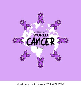World Cancer Day Illustration Vector Design with purple ribbon and world map for Campaign
