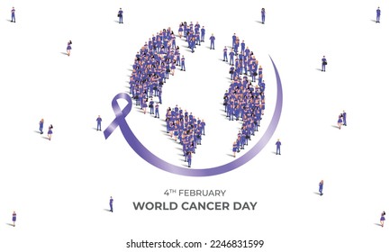 World Cancer Day. A large group of people in purple color form a globe shape with a purple ribbon. Healthcare and medical concept. Vector Illustration.