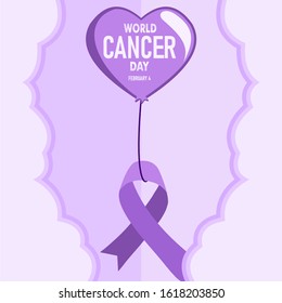 World Cancer Day. Lavender purple ribbon hanging on baloon. Cancer Awareness icon background design. 4th February world Cancer Day vector illustration.