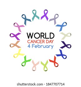 World Cancer Day logo or banner with many ribbons illustration