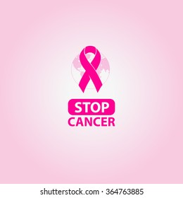 World Cancer Day logo. Carcinoma. Vector pink ribbon on earth picture. Vector illustration.