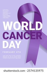 World Cancer Day Modern Poster. Poster with Purple Gradient Ribbon. Vector Illustration. Background Cancer protection concept. Design Bright Ribbon for Disease Awareness.