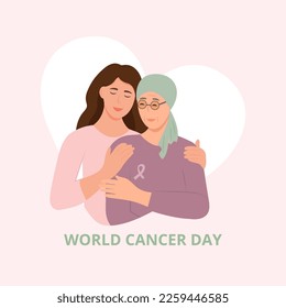 Día mundial del cáncer. Madre e hija. Retrato de una joven abrazando a su abuela. Relación familiar amistosa. Ilustración plana del vector 