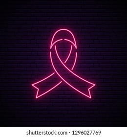World cancer day neon sign. Glowing Pink ribbon on a dark brick wall background. Vector illustration.