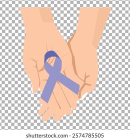 World Cancer day is observed every year on February 4, to raise awareness of cancer and to encourage its prevention, detection, and treatment. hands holding purple ribbon. Vector illustration