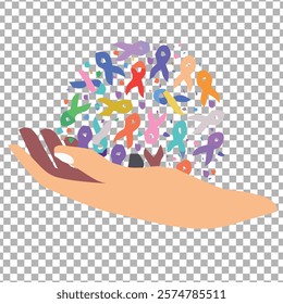 World Cancer day is observed every year on February 4, to raise awareness of cancer and to encourage its prevention, detection, and treatment. hands holding many ribbon. Vector illustration