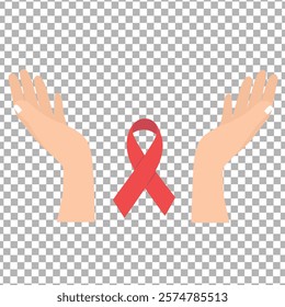 World Cancer day is observed every year on February 4, to raise awareness of cancer and to encourage its prevention, detection, and treatment. hands holding red ribbon. Vector illustration