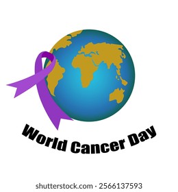 World Cancer Day on 4 February. Purple ribbon for all cancer symbol on background of planet. Vector illustration. Not AI generated