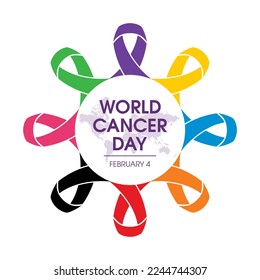 World Cancer Day on February 4 icon vector. Awareness cancer ribbons various colours vector isolated on a white background. Awareness ribbon circle frame icon. Important day