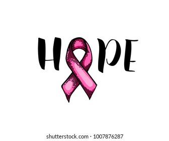 World Cancer Day pink ribbon. Isolated vector illustration. Lettering quote