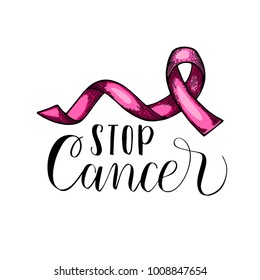 World Cancer Day. pink ribbon. Isolated vector illustration. Lettering quote stop cancer