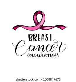 World Cancer Day pink ribbon. Isolated vector illustration. Lettering quote