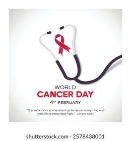 World Cancer Day post. Red ribbon, isolated on white and Gray background.