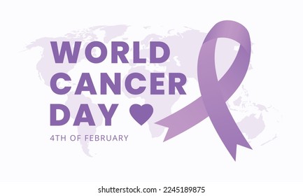 Diseño de la plantilla de fondo del afiche del Día Mundial del Cáncer con el símbolo de la cinta morada y la ilustración del vector del mapa mundial