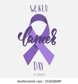 World Cancer Day poster with calligraphy inscription. Violet ribbon