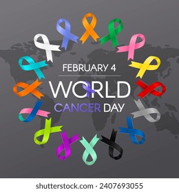 World Cancer Day. Poster with different ribbons, and space for text. Vector flat illustration.